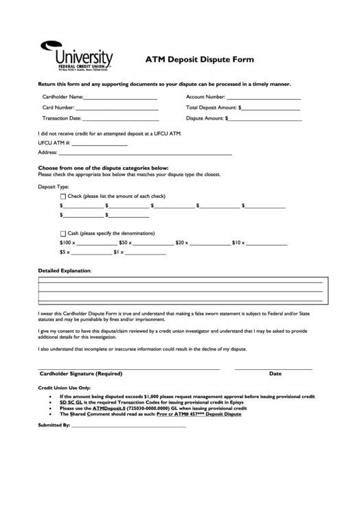 Fillable Atm Deposit Dispute Form Printable pdf