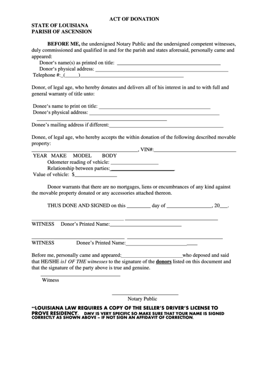 Free Printable Act Of Donation Form Louisiana