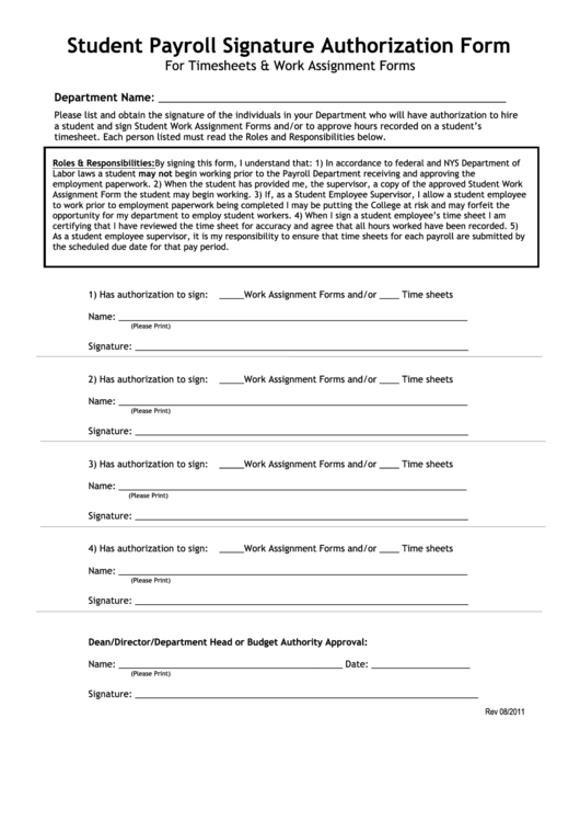 Student Payroll Signature Authorization Form Printable pdf