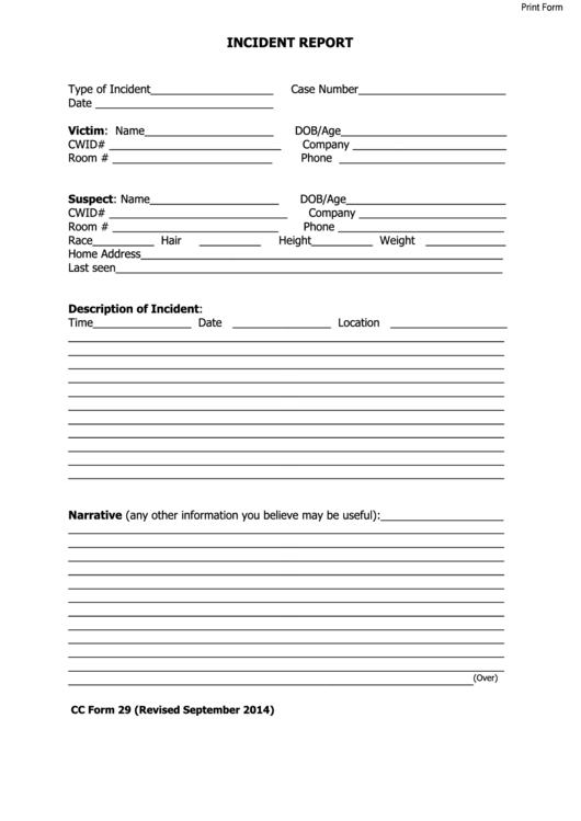 Fillable Cc Form 29 - Incident Report Printable pdf