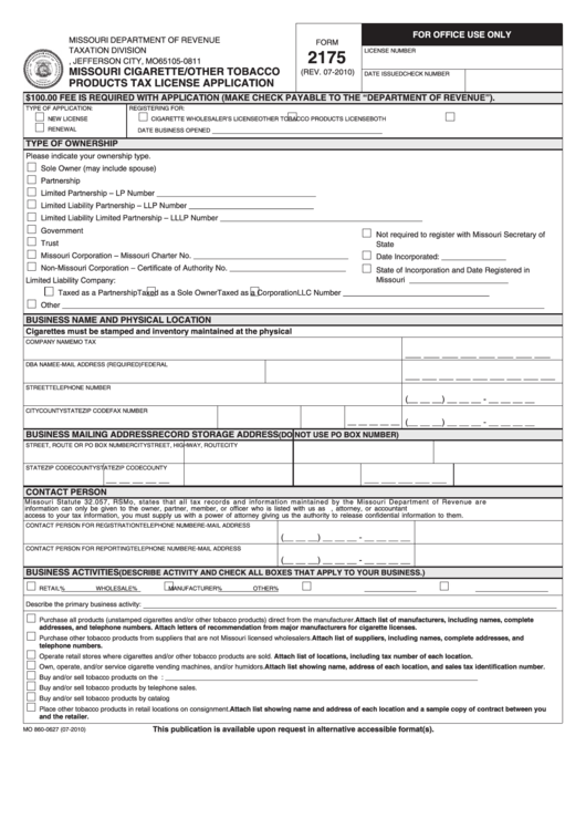 Fillable Form 2175 - Missouri Cigarette/other Tobacco Products Tax License Application Printable pdf