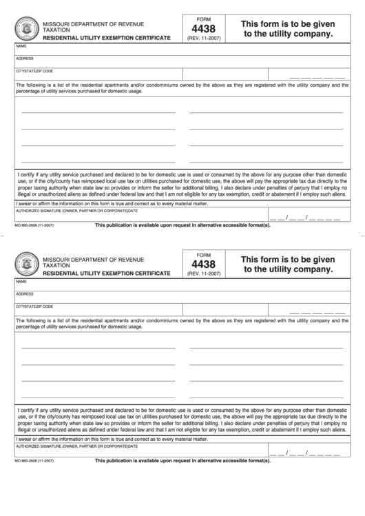 Fillable Form 4438 - Residential Utility Exemption Certificate Printable pdf