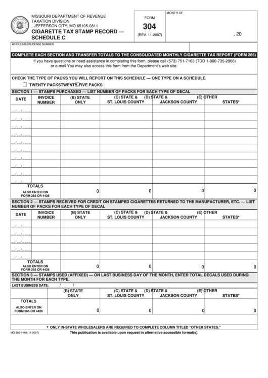 Fillable Form 304 Cigarette Tax Stamp Record Schedule C Printable pdf