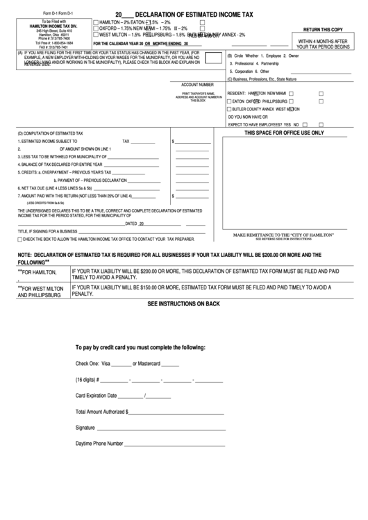 Form D-1 20____ Declaration Of Estimated Income Tax Printable pdf