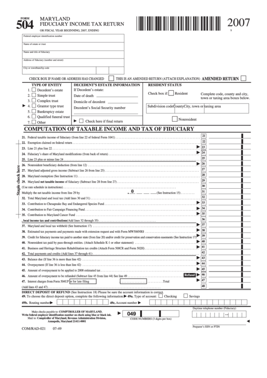 Fillable Form 504 - Maryland Fiduciary Income Tax Return - 2007 Printable pdf