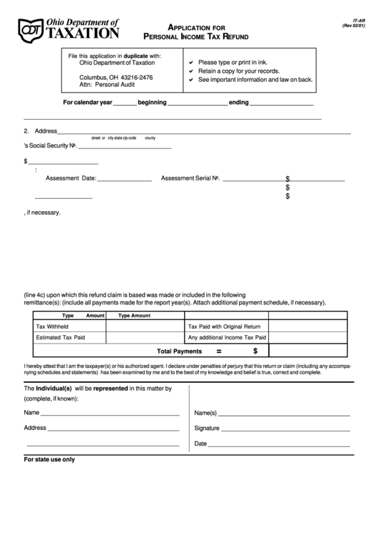 Fillable Form It-Ar - Application For Personal Income Tax Refund - 2001 Printable pdf