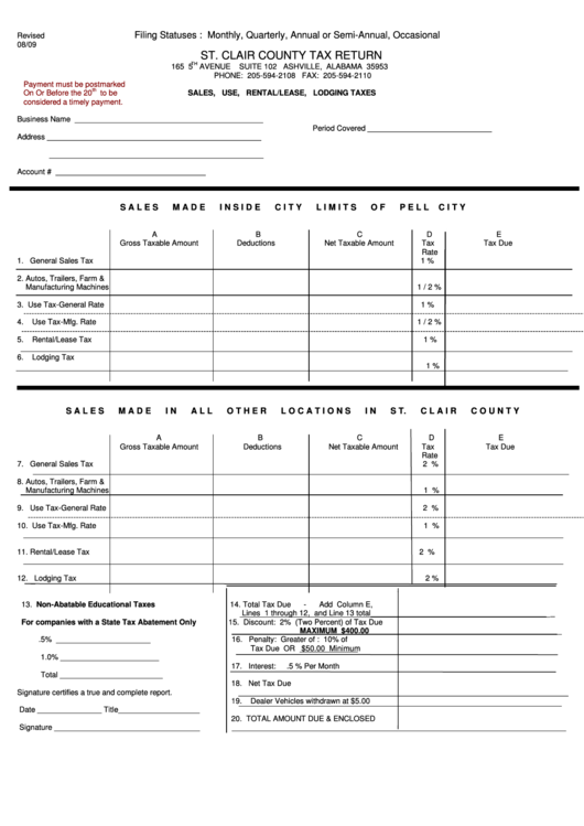 Sales, Use, Rental/lease, Lodging Taxes - St. Clair County Tax Return Printable pdf