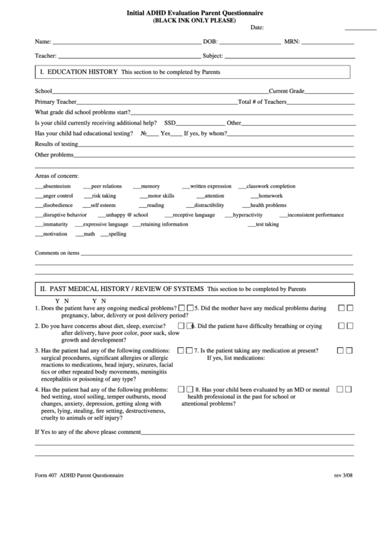 Form 407 - Initial Adhd Evaluation Parent Questionnaire Printable pdf