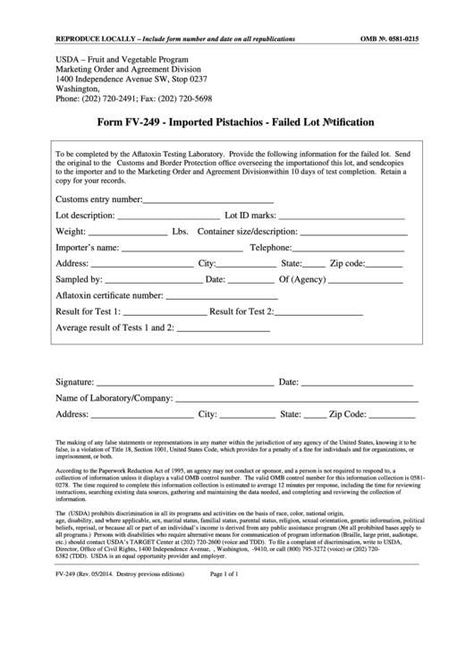 Form Fv-249 - Imported Pistachios - Failed Lot Notification Printable pdf