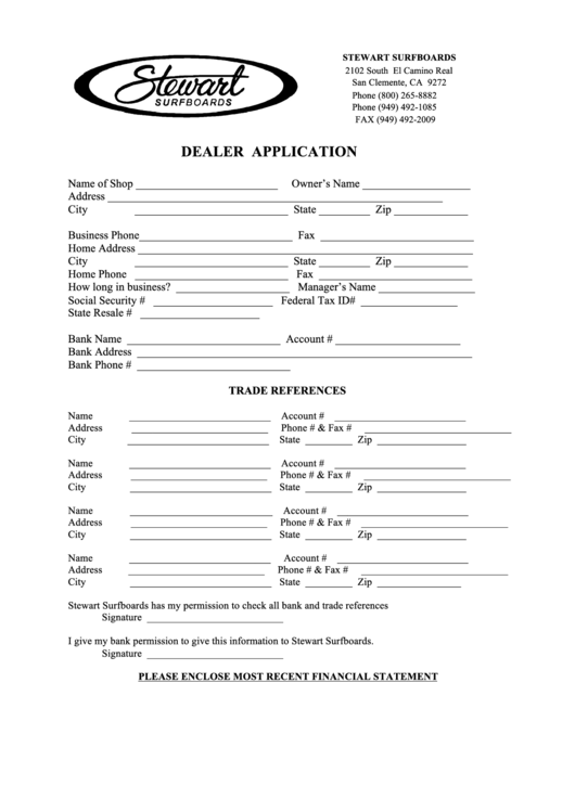 Dealer Application Form Printable pdf