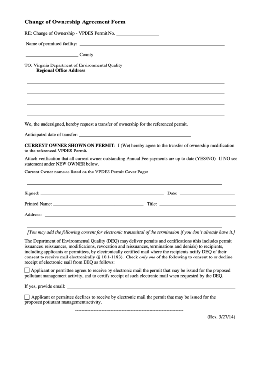 Change Of Ownership Agreement Form Printable pdf