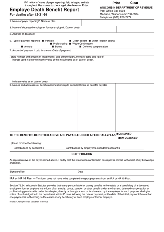 Fillable Form Ht-209 - Employe Death Benefit Report Printable pdf