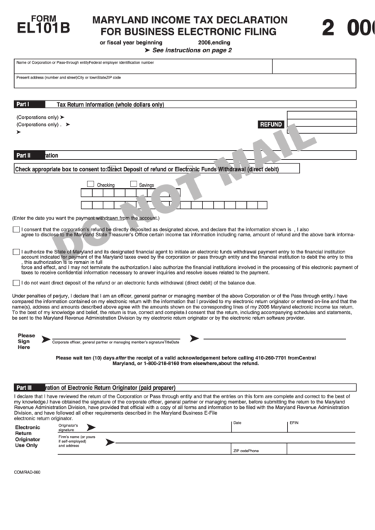 Fillable Form El101 B - Maryland Income Tax Declaration For Business Electronic Filing - 2006 Printable pdf