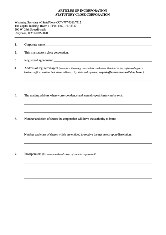 Fillable Articles Of Incorporation Statutory Close Corporation Form