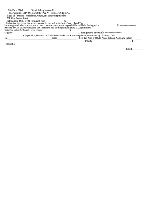 City Form Sw-1 - Return Of Income Tax Withheld - City Of Sidney Income Tax Printable pdf