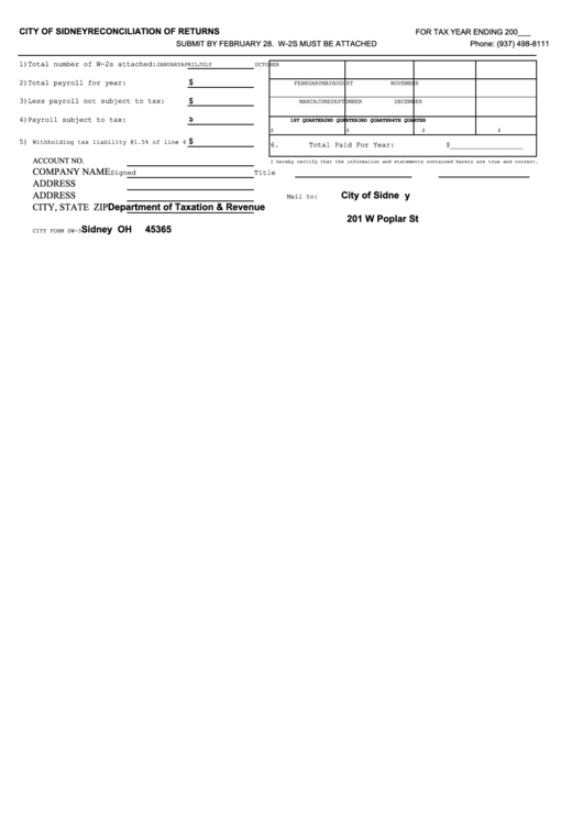 Reconciliation Of Returns Form - City Of Sidney - Department Of Taxation & Revenue Printable pdf