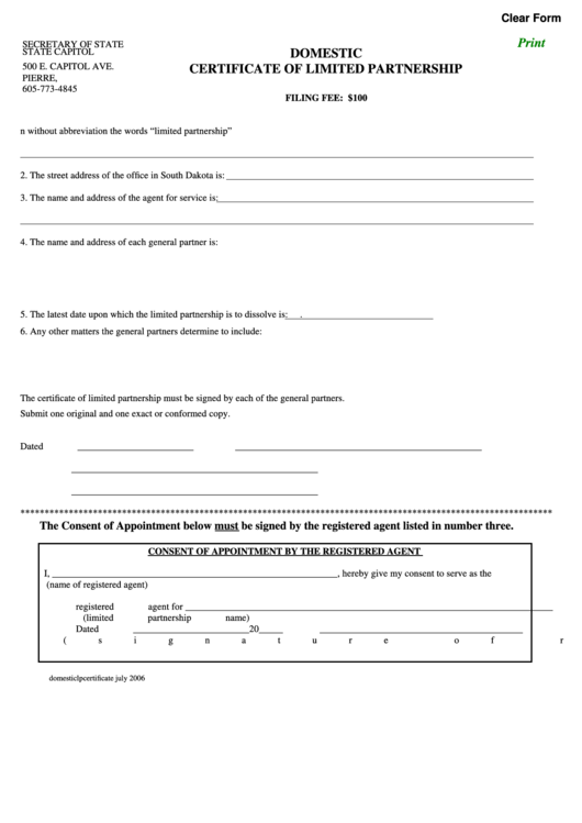 Fillable Domestic Certificate Of Limited Partnership Form - Secretary Of State Printable pdf