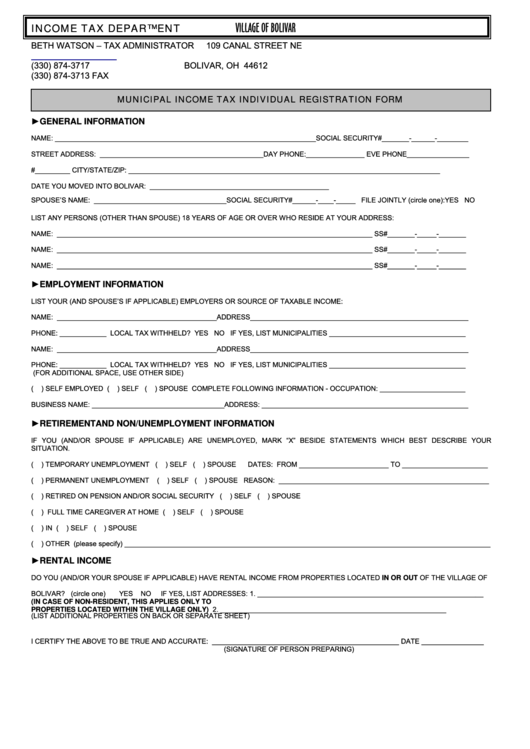 Municipal Income Tax Individual Registration Form - Income Tax Department Printable pdf