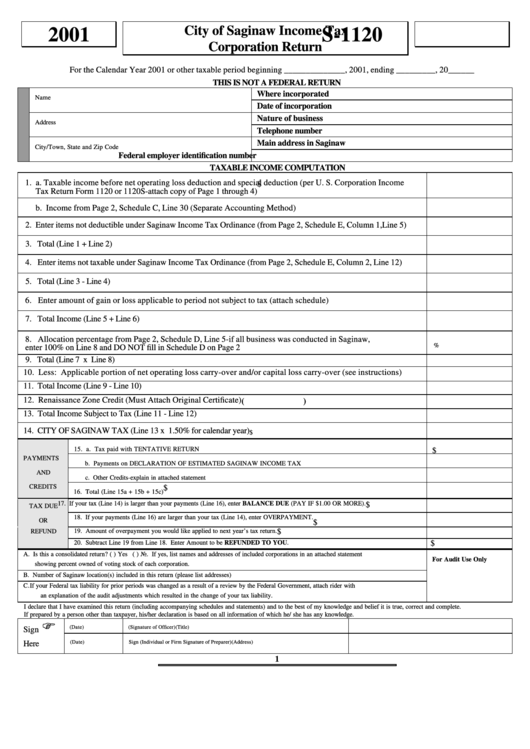 Form S-1120 - Income Tax Corporation Return - 2001 printable pdf download