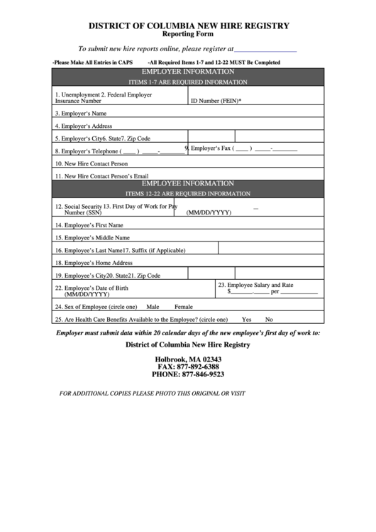 District Of Columbia New Hire Registry Reporting Form Printable pdf