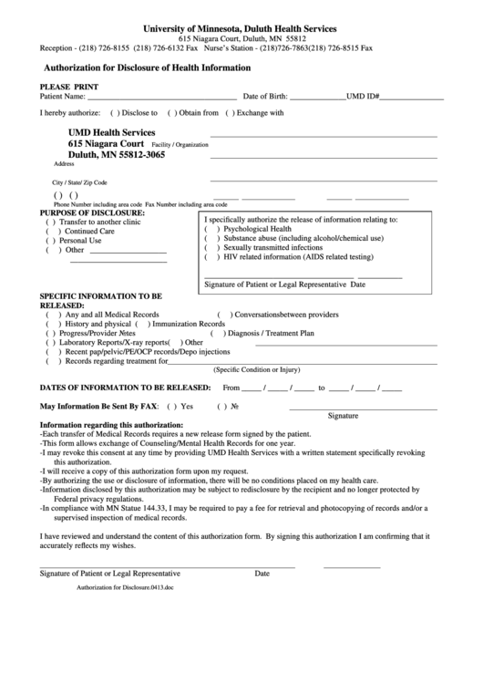 Fillable Authorization For The Disclosure Of Health Information Form Printable pdf