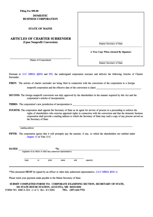 Fillable Form Mbca-20a - Articles Of Charter Surrender - Domestic Business Corporation Printable pdf