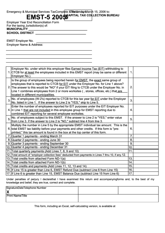 Form Emst-5 - Employer Year End Reconciliation Form - 2005 Printable pdf