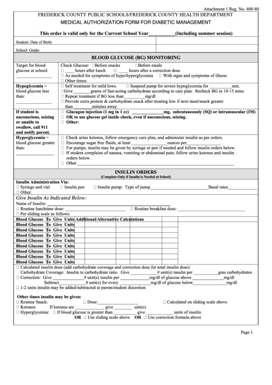 Medical Authorization Form For Diabetic Management Form printable pdf