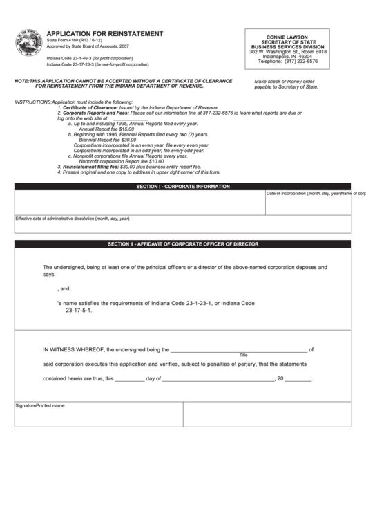 Fillable State Form 4160 - Application For Reinstatement Printable pdf