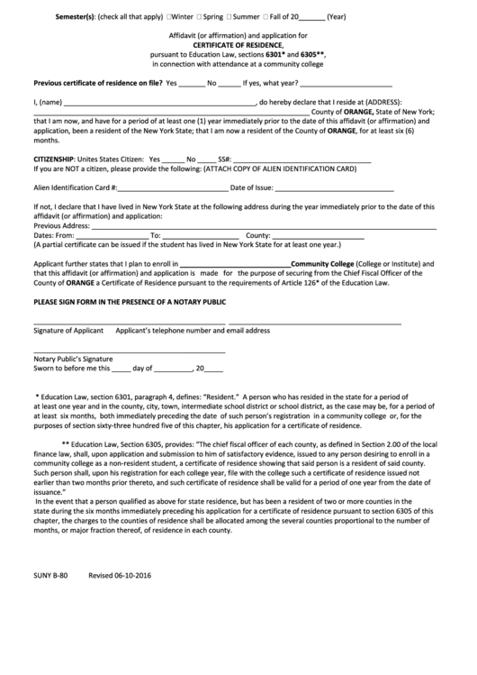 Form Suny B-80 - Affidavit (Or Affirmation) And Application For Certificate Of Residence - Orange County Department Of Finance Printable pdf