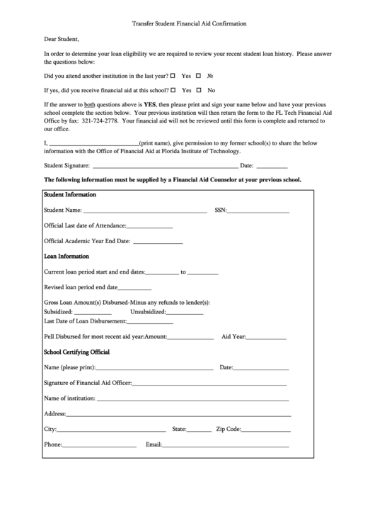 Transfer Student Financial Aid Confirmation Form Printable pdf