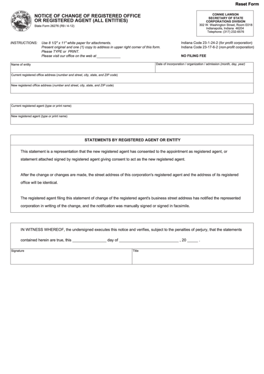 Fillable State Form 26276 - Notice Of Change Of Registered Office Or Registered Agent 2012 Printable pdf