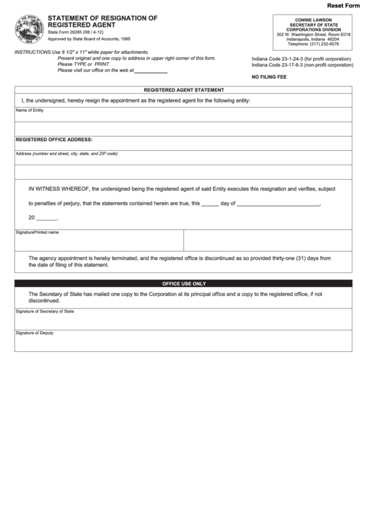 Fillable State Form 26285 - Statement Of Resignation Of Registered Agent 2012 Printable pdf
