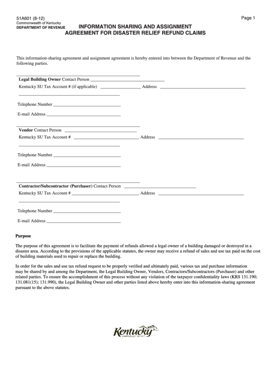 Form 51a601 - Information Sharing And Assignment Agreement For Disaster Relief Refund Claims Printable pdf