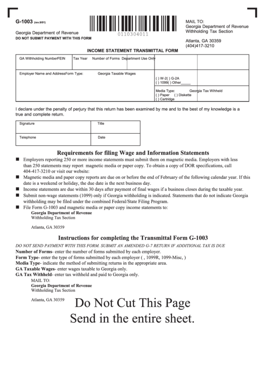 Fillable Form G-1003 - Income Statement Transmittal Form 2001 Printable pdf