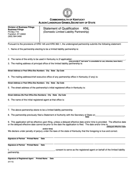 Fillable Form Knl - Statement Of Qualification (Domestic Limited Liability Partnership) Printable pdf