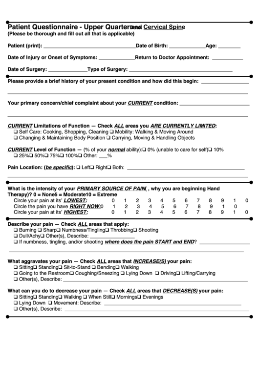 Patient Questionnaire Template - Upper Quarter And Cervical Spine Printable pdf