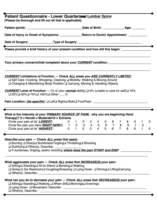 Patient Questionnaire Template - Lower Quarter And Lumbar Spine Printable pdf