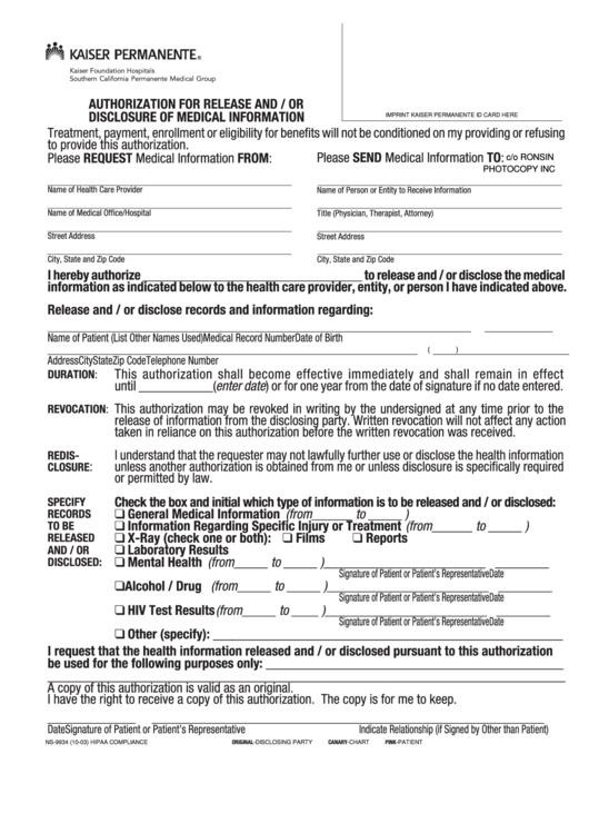 Fillable Form Ns-9934 - Authorization For Release And / Or Disclosure Of Medical Information - Kaiser Printable pdf