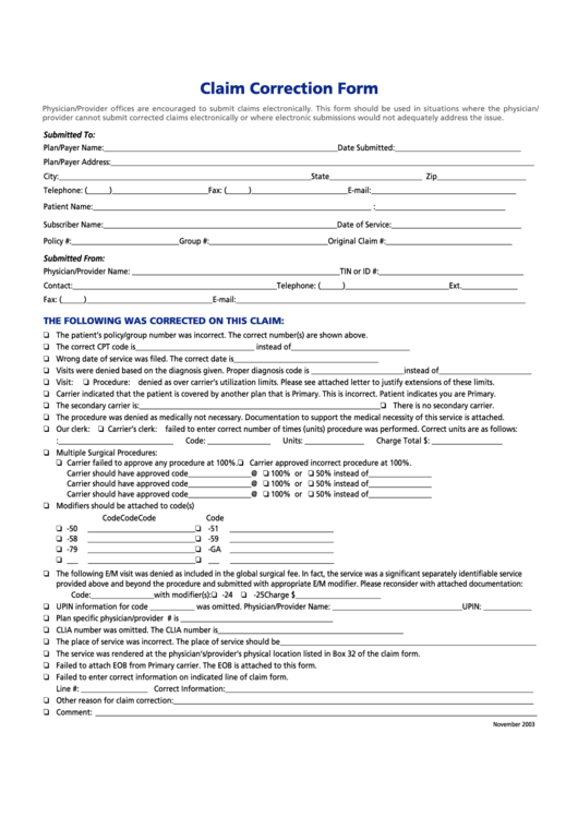 Fillable Claim Correction Form Printable pdf