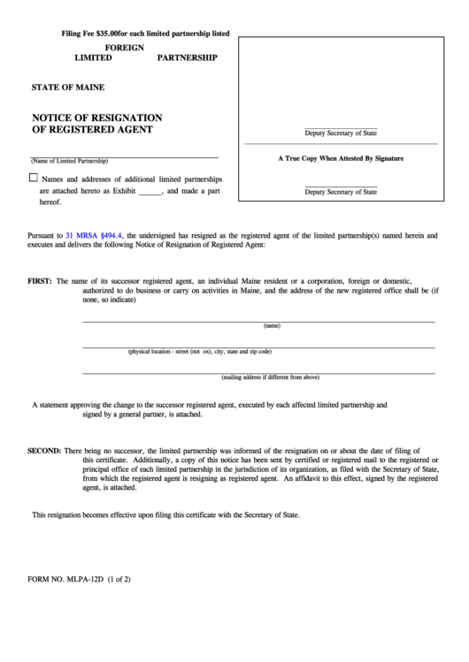 Fillable Form Mlpa-12d - Notice Of Resignation Of Registered Agent - Foreign Limited Partnership Printable pdf