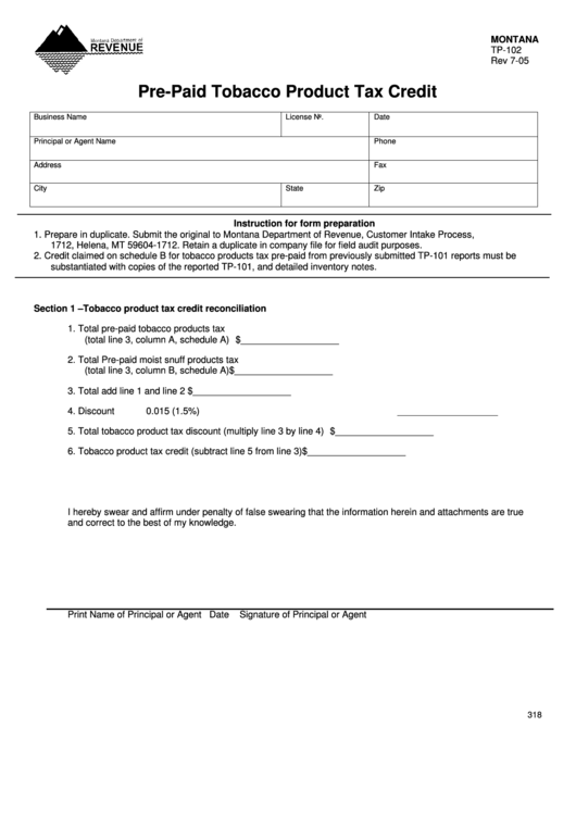 Montana Form Tp-102 - Pre-Paid Tobacco Product Tax Credit - Montana Department Of Revenue Printable pdf