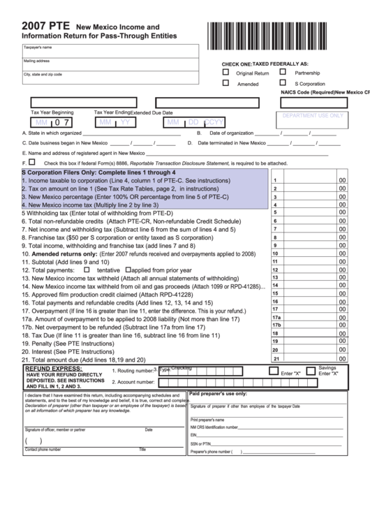 Form Pte - New Mexico Income And Information Return For Pass-Through Entities - 2007 Printable pdf