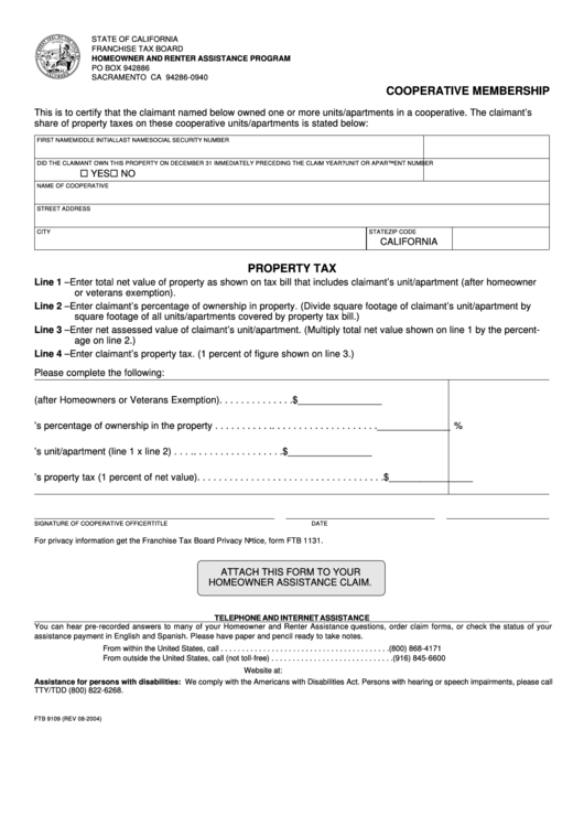 Form Ftb 9109 - Cooperative Membership Printable pdf