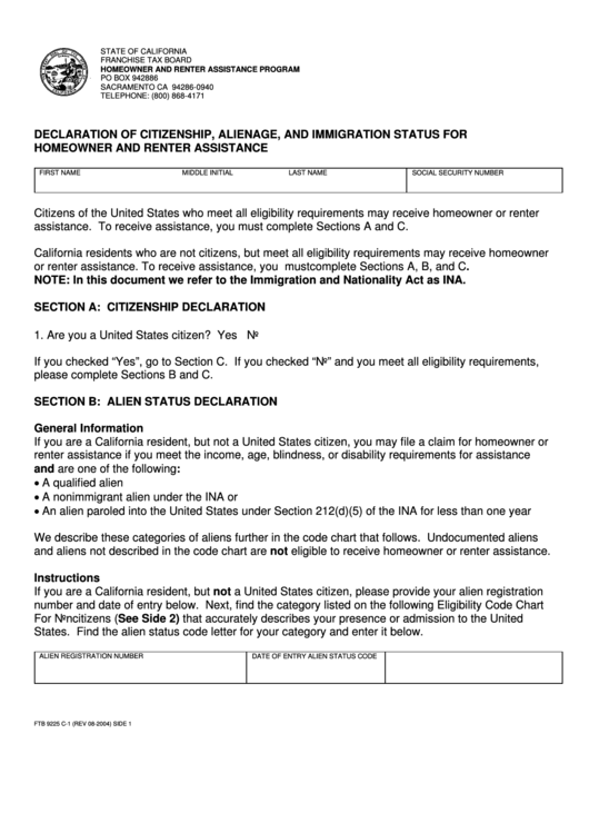 Form Ftb 9225 C-1 - Declaration Of Citizenship, Alienage, And Immigration Status For Homeowner And Renter Assistance Printable pdf