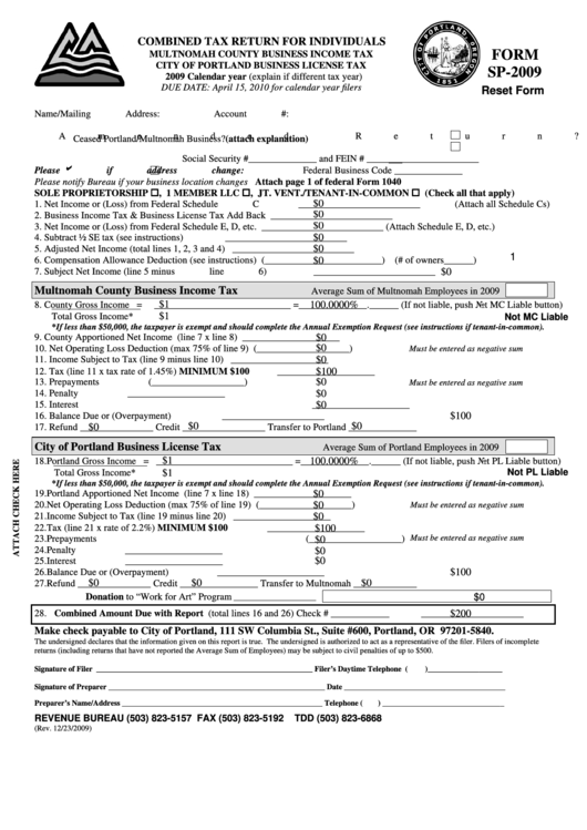 Fillable Form Sp-2009 - Combined Tax Return For Individuals - 2009 Printable pdf