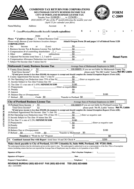 Fillable Form C-2009 - Combined Tax Return For Corporations printable