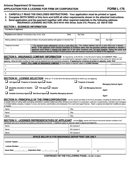 Form L-176 - Application For A License For Firm Or Corporation Printable pdf