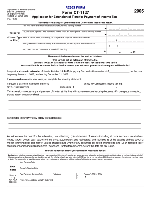 Fillable Form Ct-1127 - Application For Extension Of Time For Payment ...