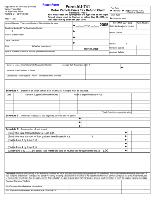 Fillable Form Au-741 - Motor Vehicle Fuels Tax Refund Claim - 2005 ...